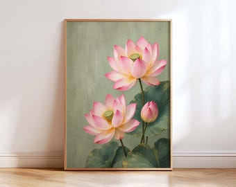 Pink Lotus Wall Art Print, Sage Green Botanical Art, Lotus Flower Decor, Elegant Floral Poster