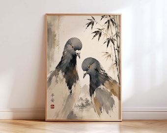 Japanese Pigeon Wall Art, Asian Bird Print, Japandi Bamboo Decor, Neutral Zen Art, Minimalist Nature Poster