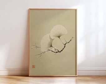 Neutral Japanese Wall Art Print, Minimalist Ginkgo Leaf, Japandi Zen Decor, Vintage Botanical Artwork, Beige Aesthetic, Modern Home Decor