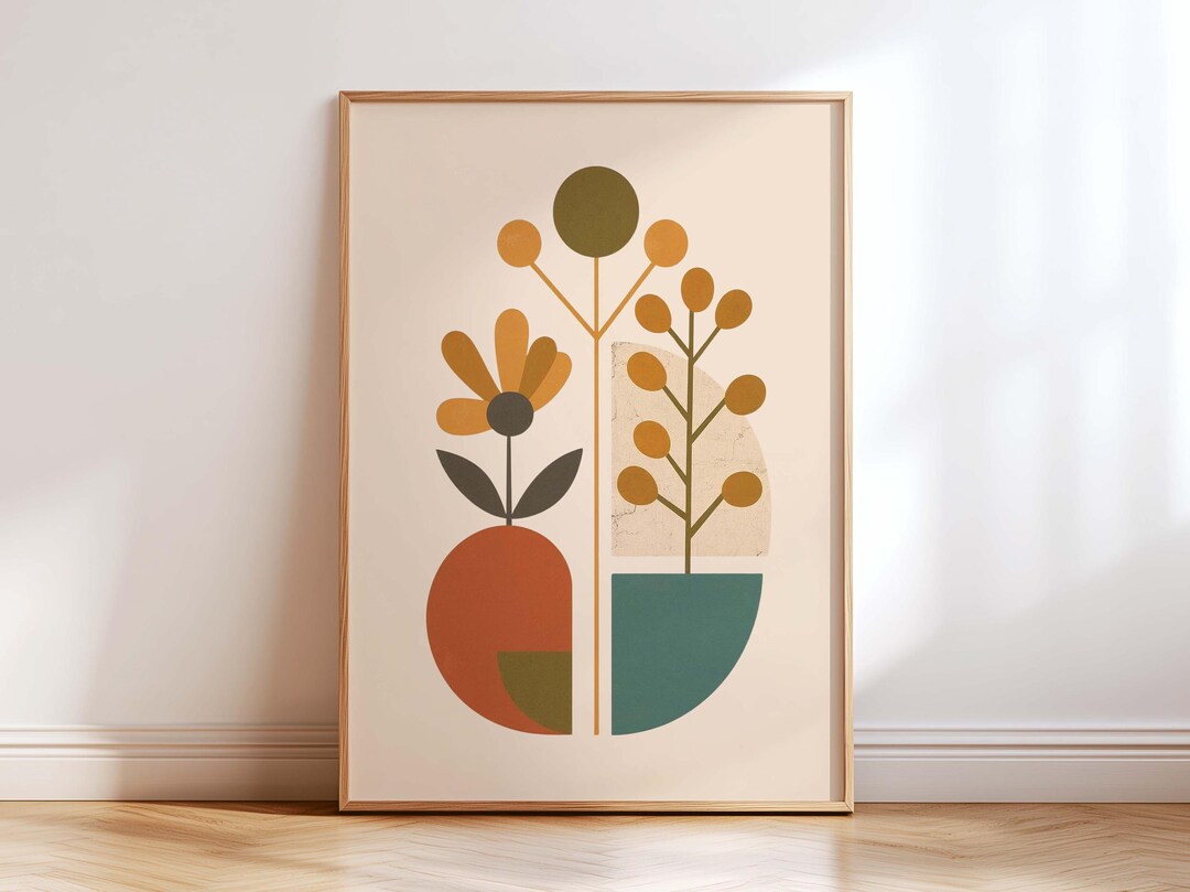 Mid Century Modern Botanical Wall Art Print, Abstract Flower Geometric ...