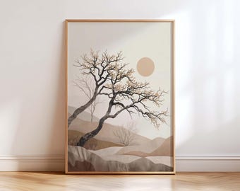 Póster de arte mural de árbol japonés, lámina de paisaje neutro minimalista Japandi, decoración escandinava Wabi Sabi beige, arte moderno para el hogar Zen
