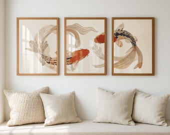 Koi Fish Triptych Wall Art, Japanese Minimalist Print Set of 3, Neutral Beige Zen Decor, Modern Living Room Wall Art, Asian Inspired Artwork