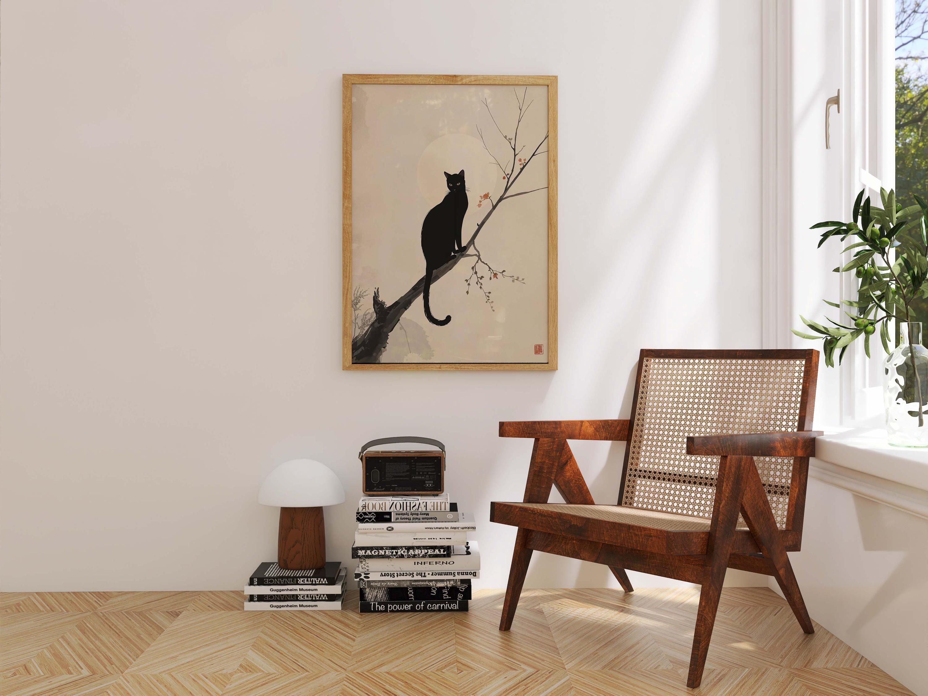 Minimalist Black Cat Wall Art Print, Japanese Ink Art, Zen Home Decor ...