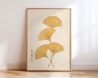 Japanese Ginkgo Leaf Wall Art Print, Vintage Botanical Illustration, Japandi Zen Decor, Asian Nature Artwork