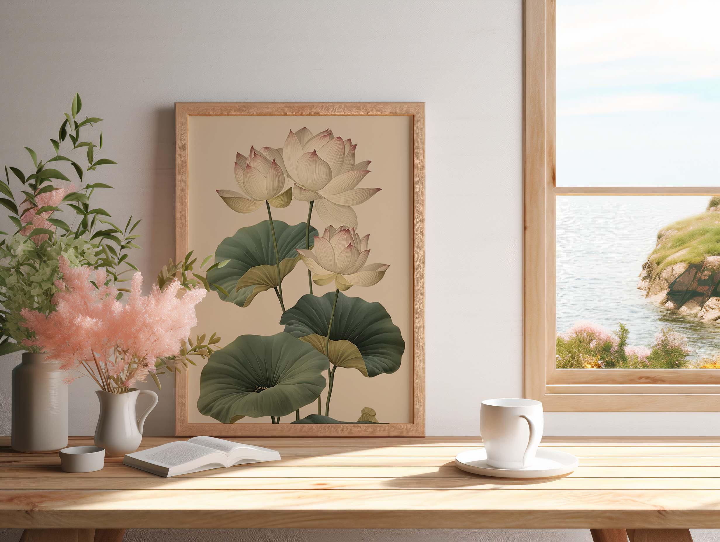 Vintage Lotus Flower Wall Art Print | Botanical Lotus Illustration ...