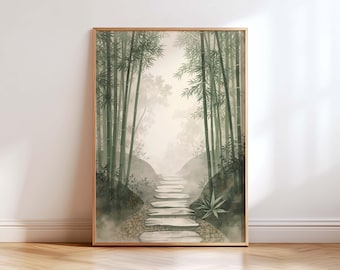 Japandi bambu väggkonsttryck, zenträdgårdslandskap, minimalistisk asiatisk naturdekor, lugn neutral väggkonst