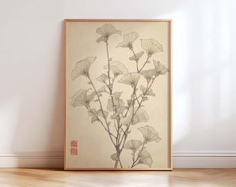 Japanese Ginkgo Wall Art Print, Vintage Botanical Floral Illustration, Minimalist Asian Zen Decor Neutral Beige Wall Art for Home Decor
