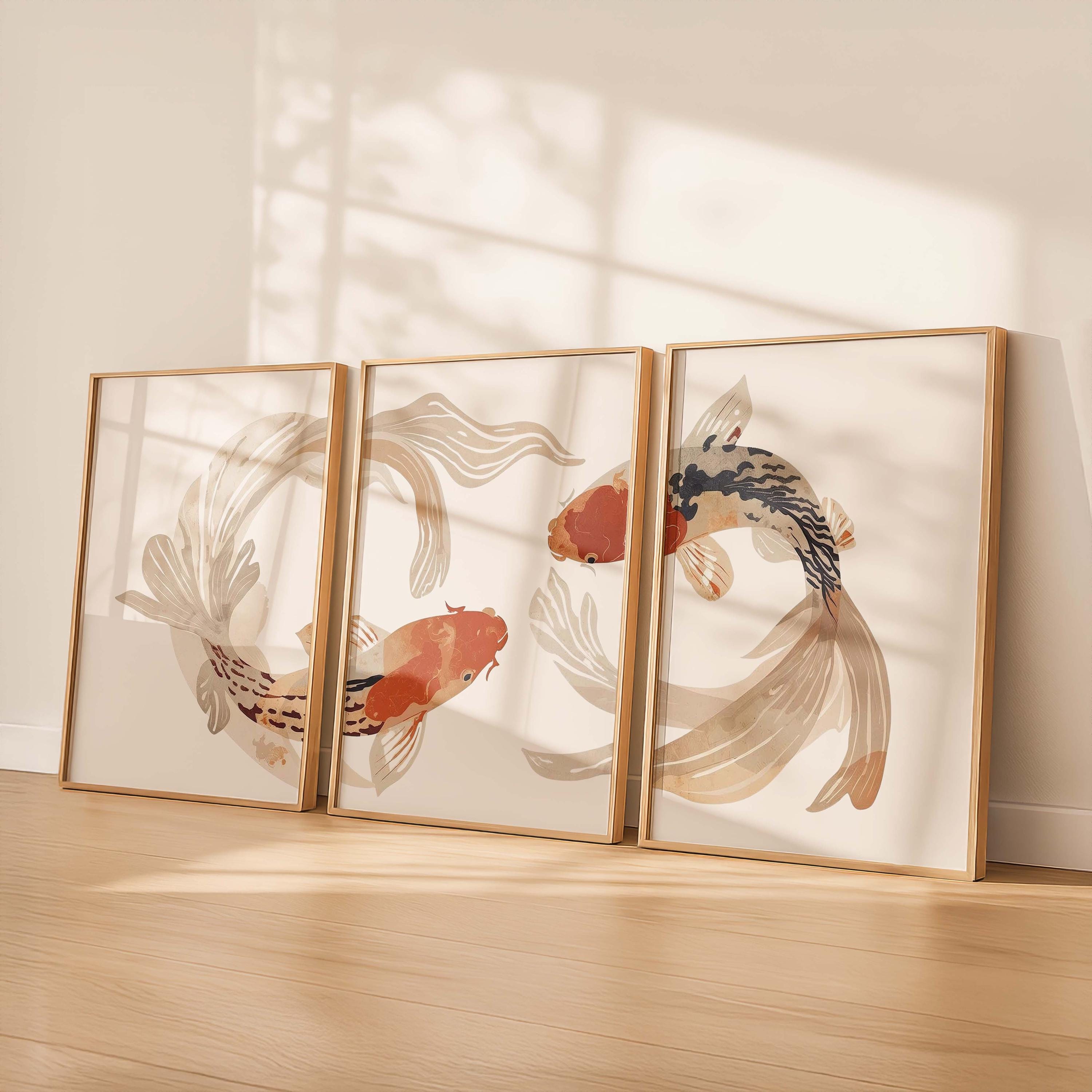 Koi Fish Triptych Wall Art, Japanese Minimalist Print Set of 3, Neutral ...