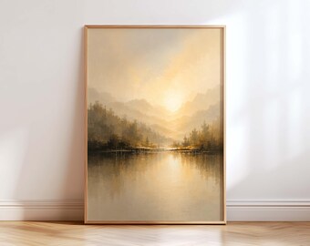 Golden Mountain Lake Wall Art, Sunrise Landscape Painting, Neutral Beige Nature Print, Japandi Decor