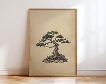 Japanese Bonsai Tree Wall Art Print, Japandi Zen Decor, Wabi Sabi Botanical Illustration, Minimalist Neutral Asian Wall Art Zen Home Decor