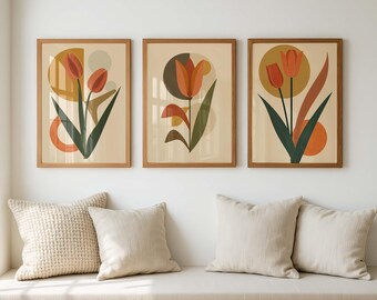 Mid Century Modern Wall Art Set of 3 Mustard Orange Olive Decor, Abstract Tulip Prints, Retro Botanical Scandinavian Japandi Poster