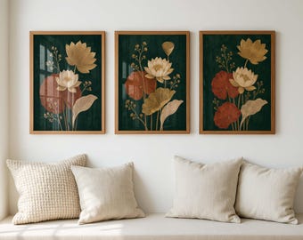 Lotus Flower Wall Art Set of 3, Dark Green Botanical Prints, Asian Floral Decor, Gold Lotus Poster, Japandi Gallery Wall Art