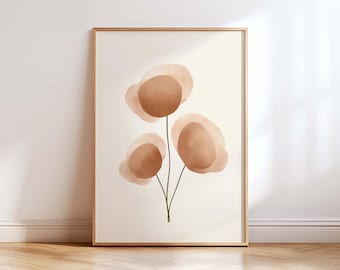 Minimalist Beige Flower Wall Art Print, Abstract Neutral Botanical Poster, Modern Scandinavian Japandi Decor for Living Room Bedroom
