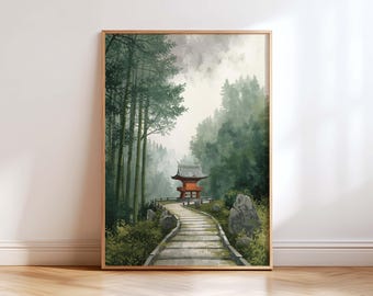 Japanese Shrine Wall Art Print, Zen Forest Path Landscape, Misty Nature Artwork, Japandi Minimalist Home Decor