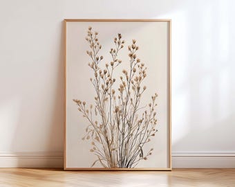 Neutral Botanical Wall Art Print, Minimalist Beige Floral Poster, Scandinavian Japandi Decor, Modern Vertical Nature Artwork