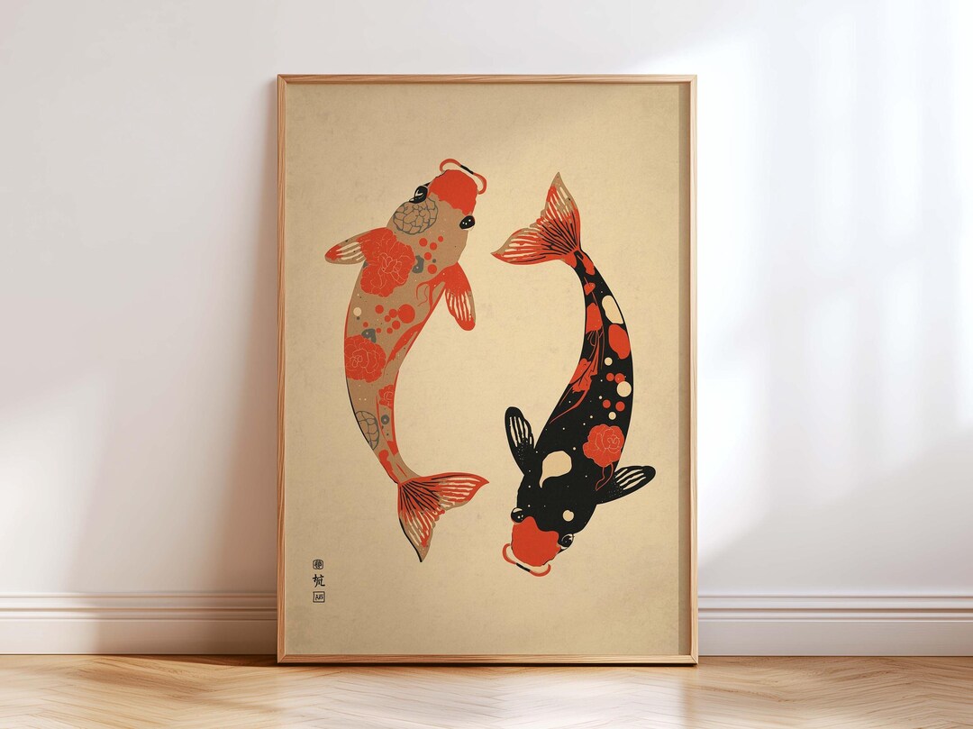 Koi Fish Wall Art Japanese Zen Print, Yin Yang Koi Painting, Japandi ...