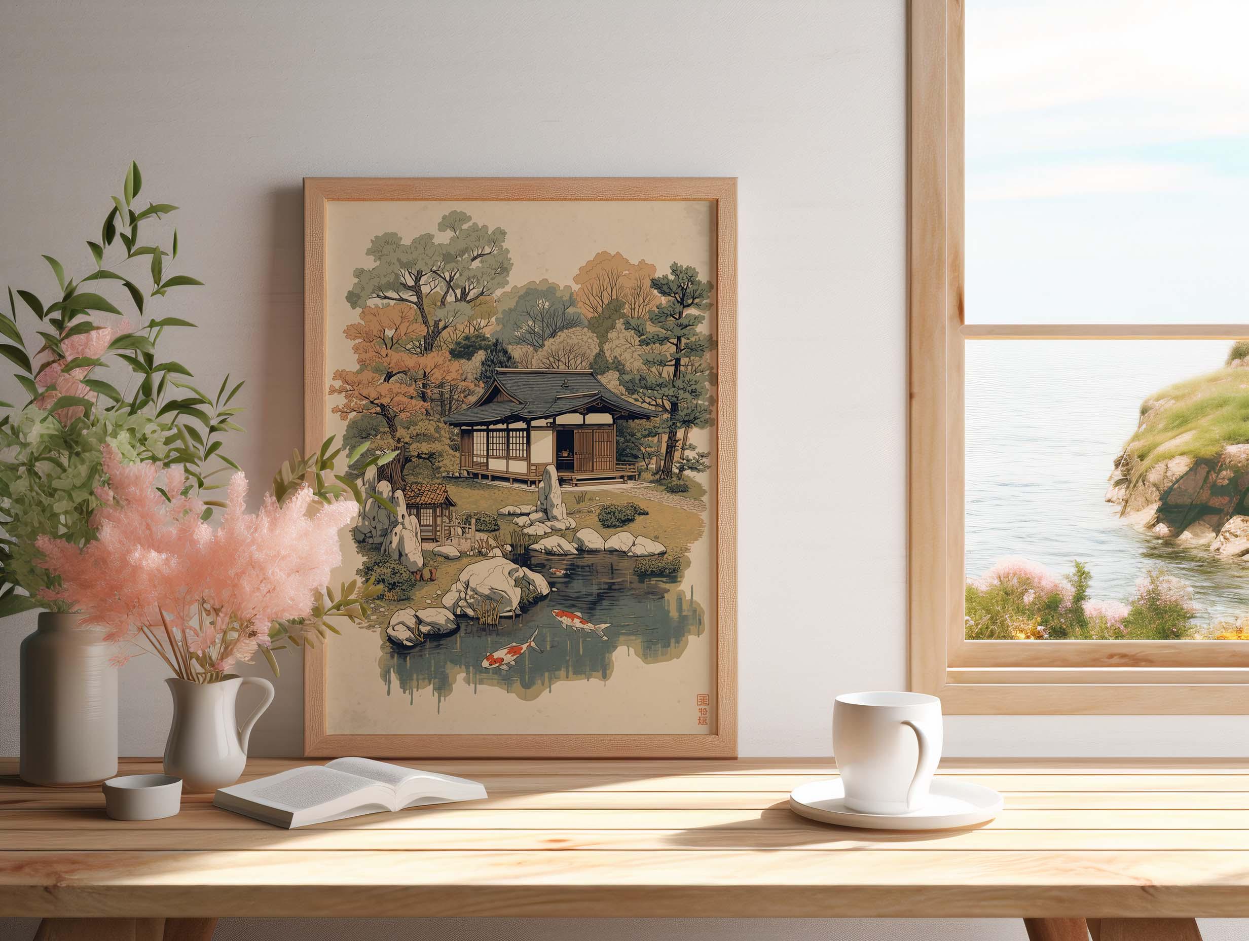 Japanese Zen Garden Wall Art Print, Traditional Tea House & Koi Pond ...