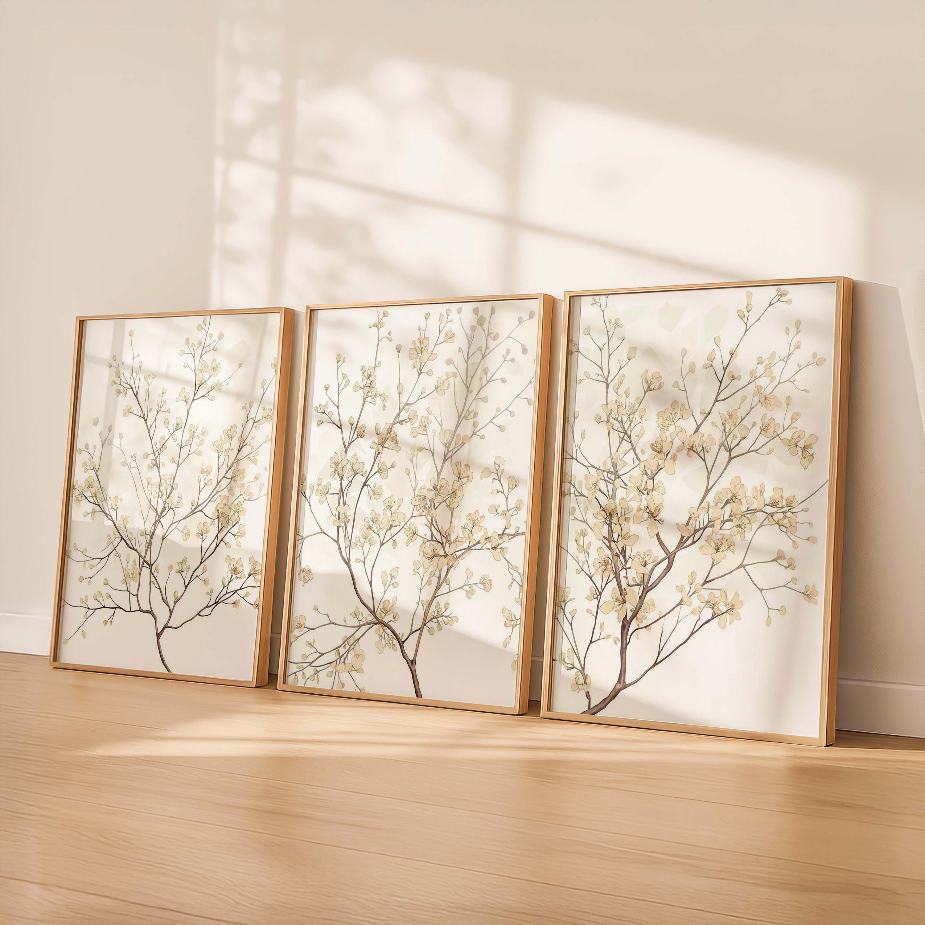 Japandi Botanical Wall Art Set of 3, Neutral Beige Floral Art Prints ...