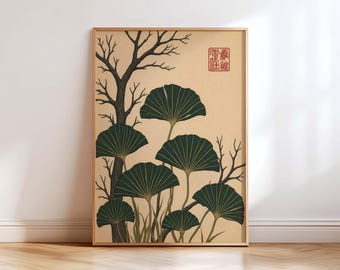 Japanese Ginkgo Leaf Wall Art Print, Minimalist Botanical Poster, Japandi Zen Decor, Neutral Beige Green Art, Wabi Sabi Nature Wall Decor