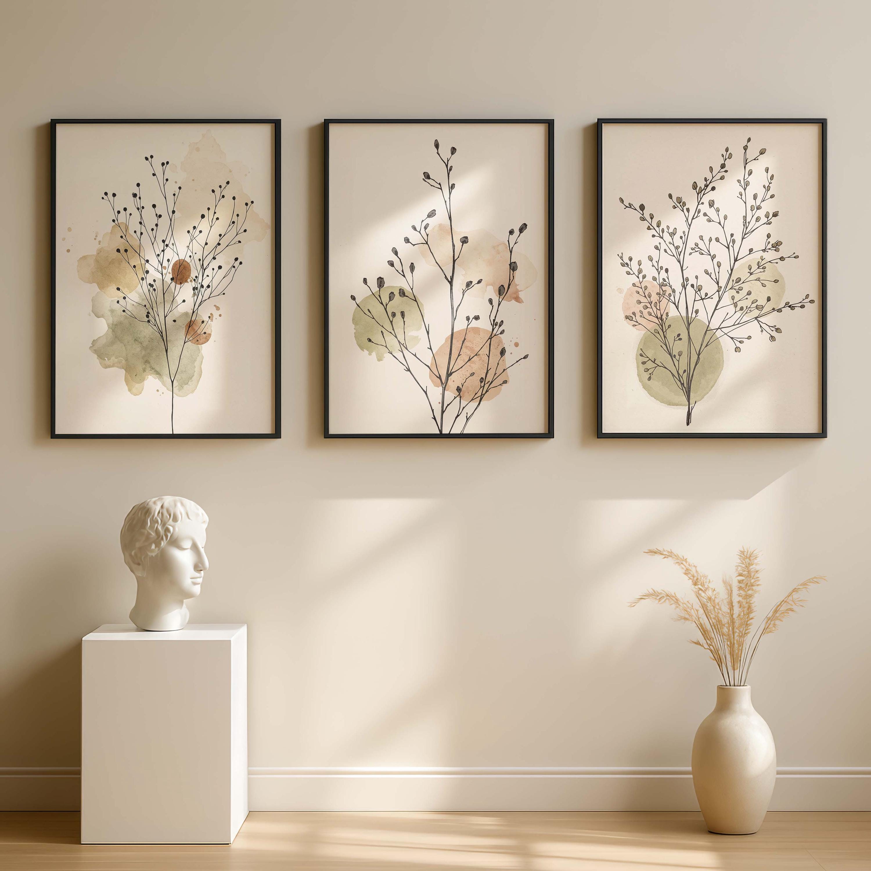 Neutral Botanical Wall Art Set of 3, Minimalist Beige Plant Prints ...