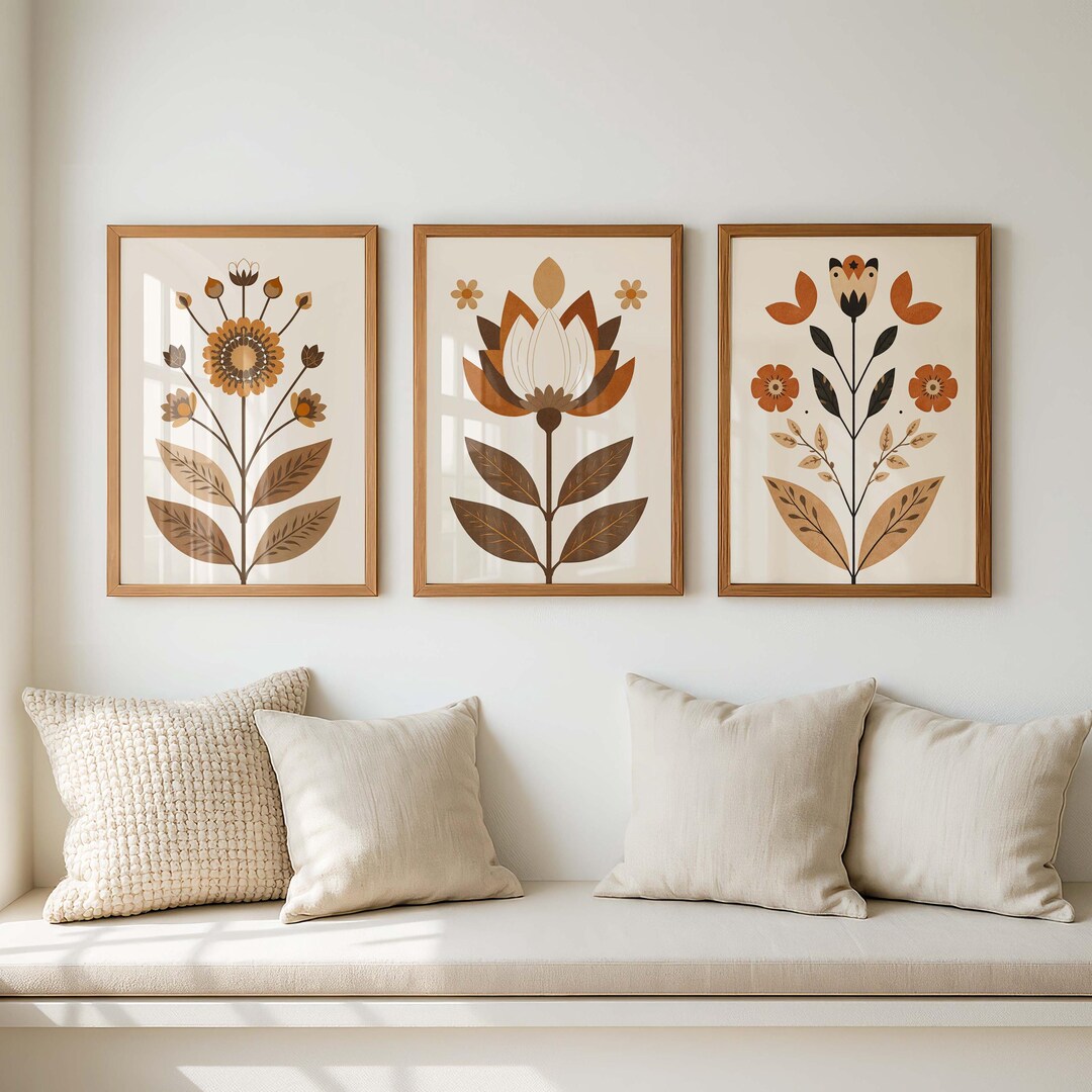 Mid Century Modern Botanical Wall Art Set of 3, Neutral Boho Floral ...