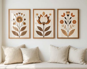 Mid Century Modern Botanical Wall Art Set of 3, Neutral Boho Floral Prints, Scandinavian Minimalist Decor, Beige Brown Living Room Wall Art