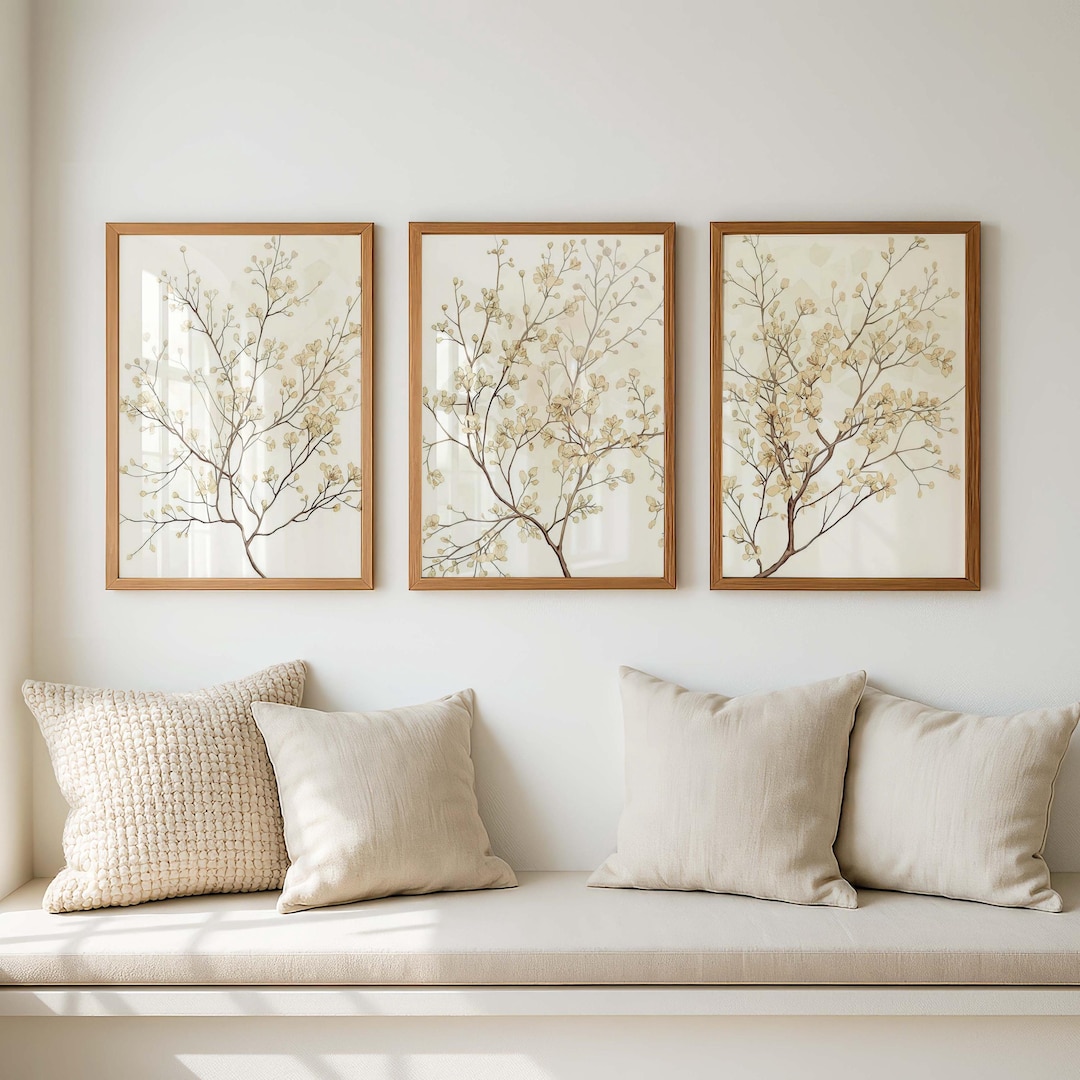 Japandi Botanical Wall Art Set of 3, Neutral Beige Floral Art Prints ...