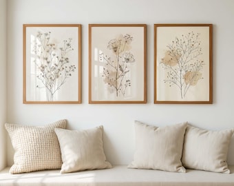Botanical Wall Art Set of 3, Neutral Floral Print, Minimalist Beige Plant Art, Japandi Scandinavian Wall Decor, Living Room Art