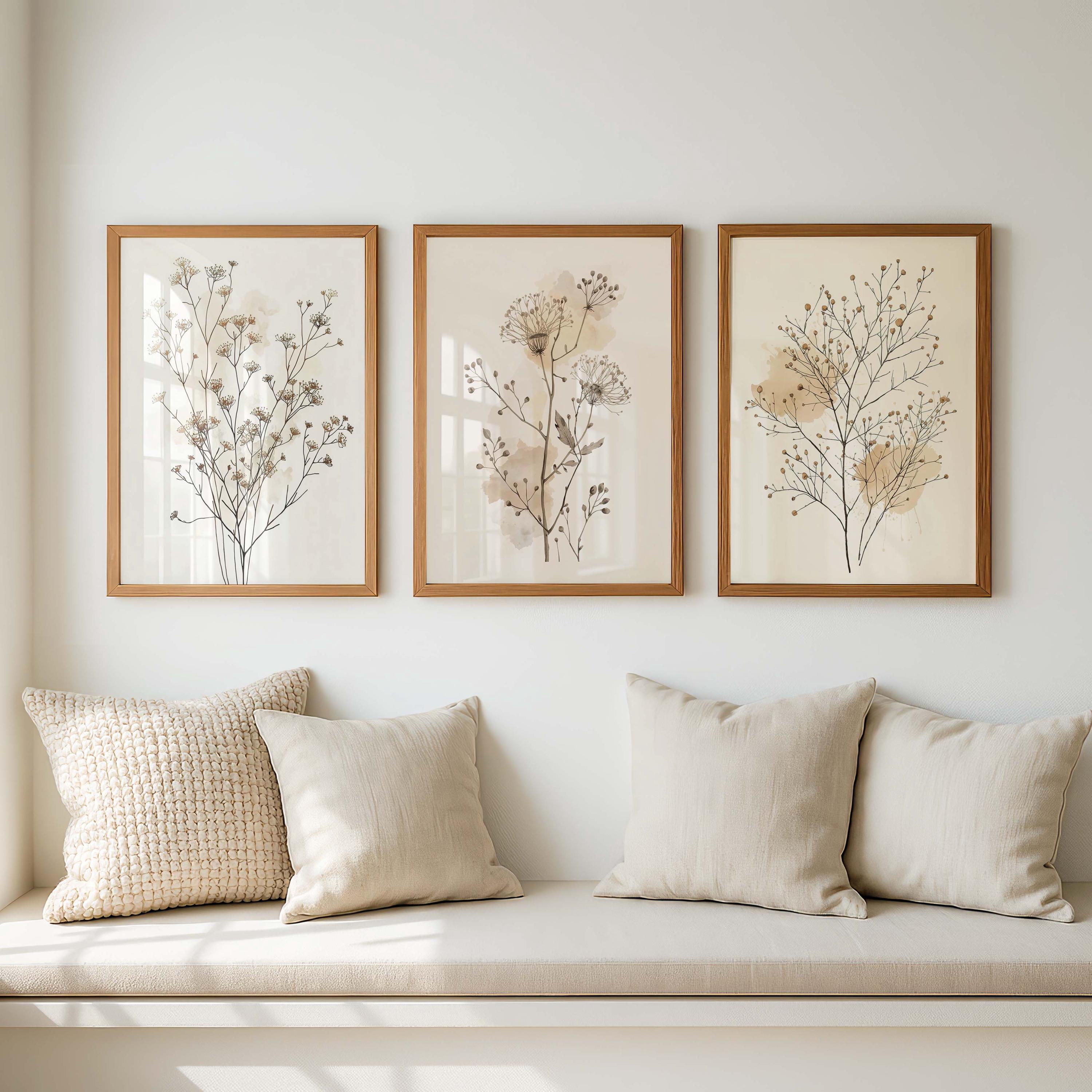 Botanical Wall Art Set of 3, Neutral Floral Print, Minimalist Beige ...