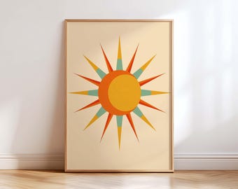 Mid Century Modern Sun Wall Art Print, Retro Sunburst Poster, Boho Minimalist Abstract Sun Decor, Warm Neutral Living Room Art