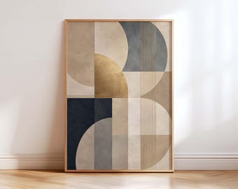 May include: A rectangular wall art print in a light wood frame featuring a geometric composition of semi-circles and vertical lines. The color palette includes shades of beige, tan, dark navy blue, slate gray, and a textured metallic gold semi-circle.