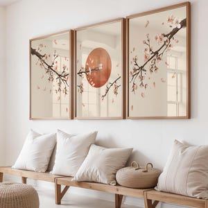 Japandi Sakura Triptych Wall Art, Set of 3 Cherry Blossom Prints ...