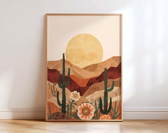 Boho Desert Cactus Wall Art Print, Southwestern Desert Landscape Poster, Neutral Boho Sun Wall Decor, Arizona Desert Art