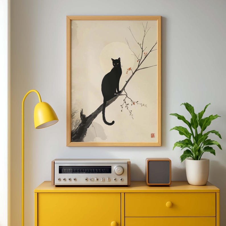 Minimalist Black Cat Wall Art Print, Japanese Ink Art, Zen Home Decor ...