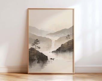 Japandi Berg Wand Kunstdruck, minimalistische Zen Landschaft mit nebligem Fluss & Wasserfall, neutrales beige modernes Wohndekor