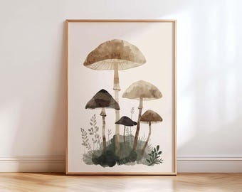 Impresión de arte mural con hongos estilo cottagecore, póster botánico en acuarela neutra, decoración natural bohemia japonesa, ilustración forestal para un hogar acogedor.