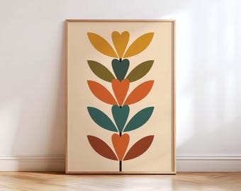 Scandinavian Botanical Wall Art Print, Mid Century Modern Floral Decor, Nordic Folk Boho Poster, Mustard Orange Living Room Art
