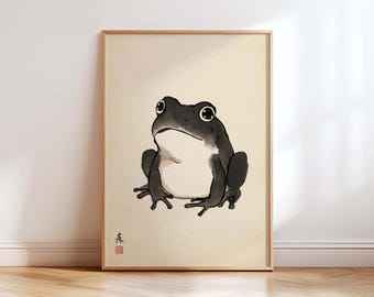 Frog Japanese Sumi-e Wall Art Print, Minimalist Zen Animal Illustration, Wabi Sabi Ink Painting, Neutral Nursery Decor, Japandi Home Art
