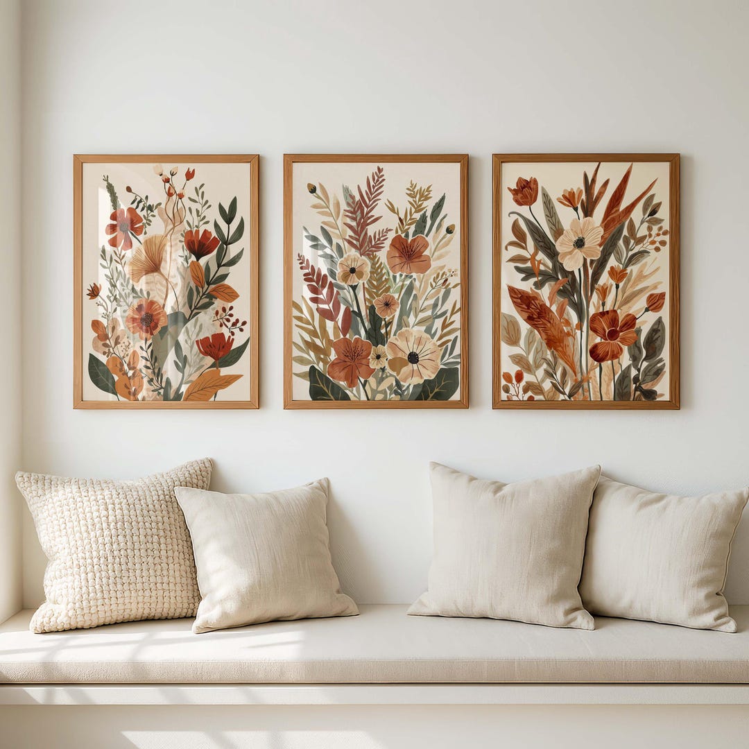 Boho Botanical Wall Art Set of 3, Terracotta Floral Prints, Neutral ...