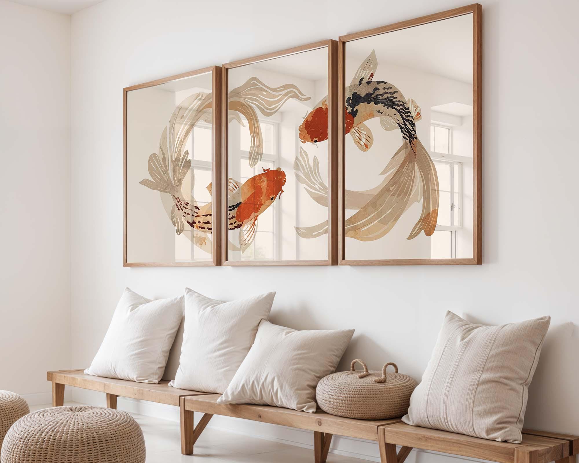Koi Fish Triptych Wall Art, Japanese Minimalist Print Set of 3, Neutral ...