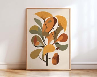 Lámina decorativa de pared moderna de mediados de siglo en color mostaza, naranja y aceituna, póster botánico abstracto de ginkgo, decoración de pared minimalista retro en tonos neutros.