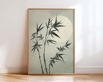 Bamboo Wall Art Print, Japanese Botanical Art, Japandi Wall Decor, Minimalist Zen Poster, Moon Print, Asian Inspired Home Decor