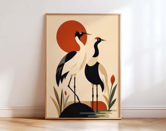 Japanese Crane Wall Art Print, Red Crowned Crane Poster, Japandi Bird Decor, Minimalist Japanese Art, Mid Century Modern Nature Wall Art