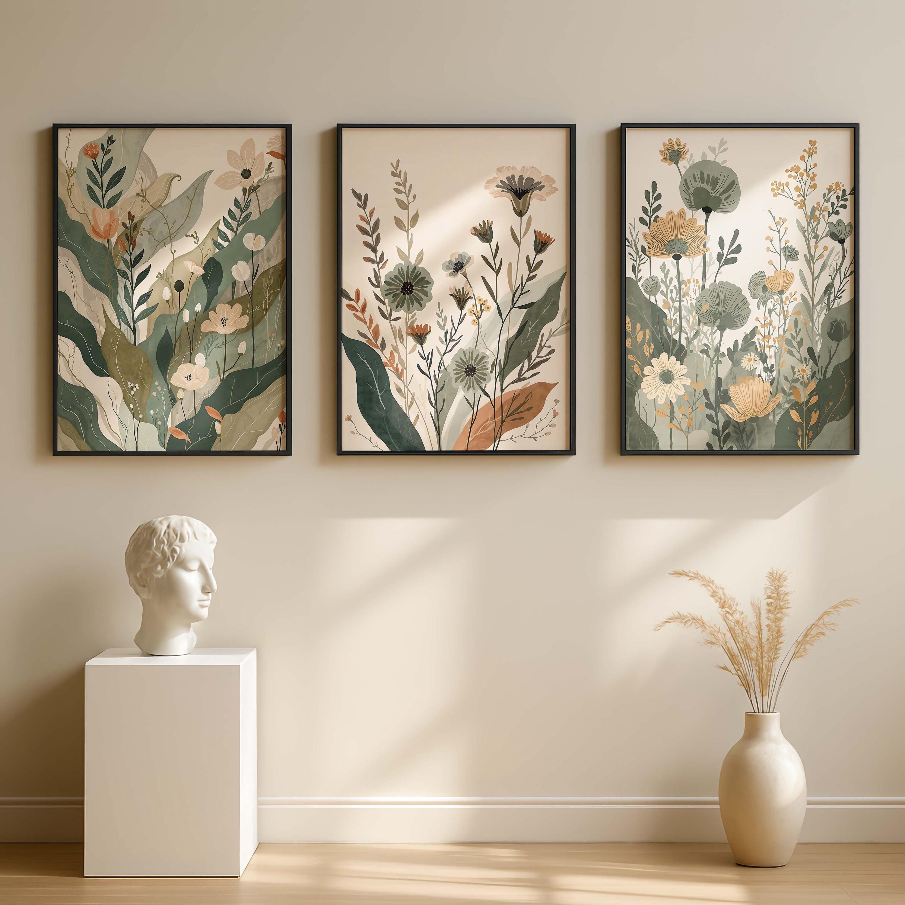 Botanical Japandi Wall Art Set of 3, Neutral Floral Print, Scandinavian ...