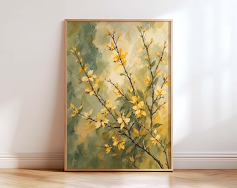 Yellow Flower Branch Wall Art, Vintage Botanical Print, Floral Painting, Japandi Nature Decor, Neutral Wall Art, Cottagecore Poster