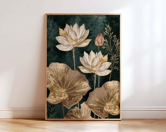 Lotus Wall Art Print, Dark Teal Botanical Art, Vintage Floral Poster, Gold Lotus Decor, Elegant Asian Inspired Home Decor