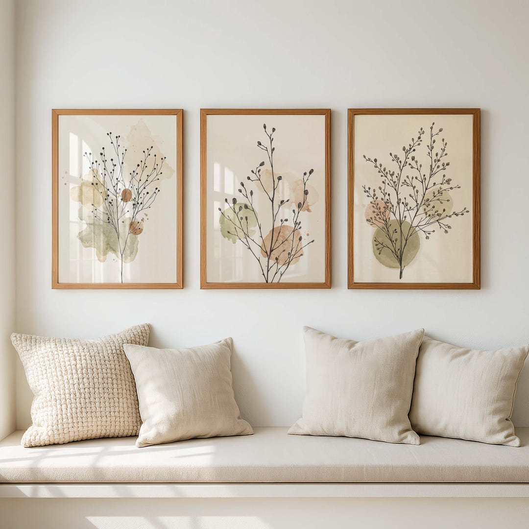 Neutral Botanical Wall Art Set of 3, Minimalist Beige Plant Prints ...