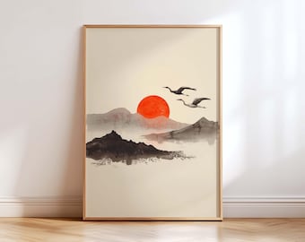 Japanese Sun Wall Art Print, Japandi Mountain Landscape with Cranes, Minimal Zen Asian Art, Modern Neutral Home Decor, Physical Poster