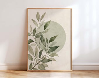 Sage Green Botanical Wall Art Print, Minimalist Leaf Poster, Japandi Wall Decor, Neutral Scandinavian Art, Modern Nature Living Room Print