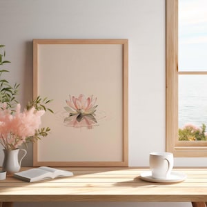 Zen lotus watercolor painting neutral japandi wall decor